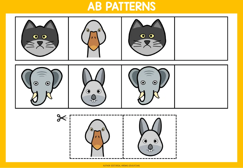 AB animal patterns: students extend cat-duck and elephant-rabbit rows by cutting out the duck and rabbit to glue on