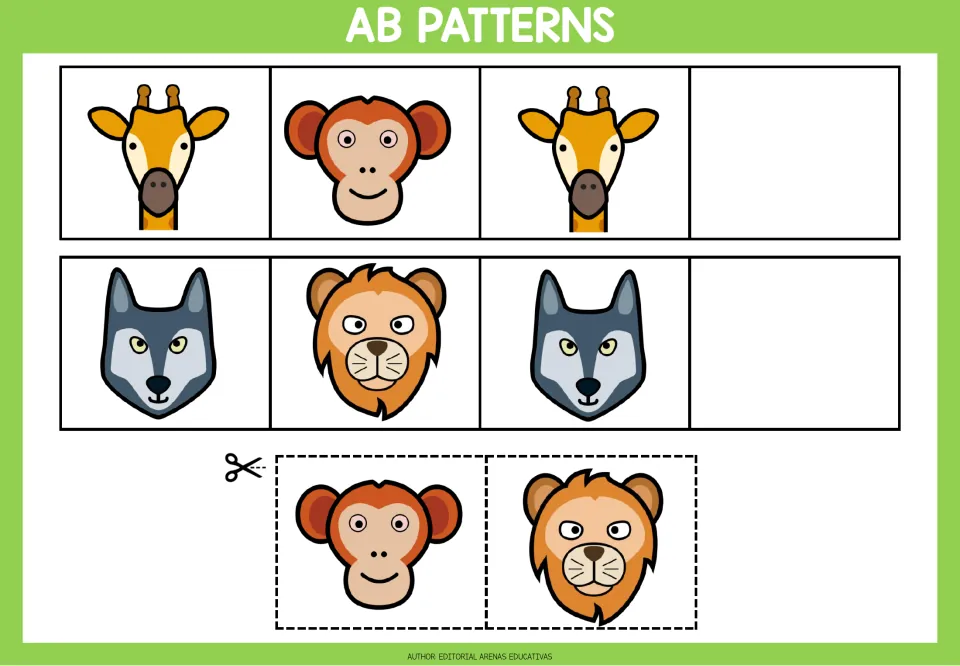 AB patterns with zoo animals: students finish giraffe-monkey and wolf-lion rows by gluing the missing cut-out face