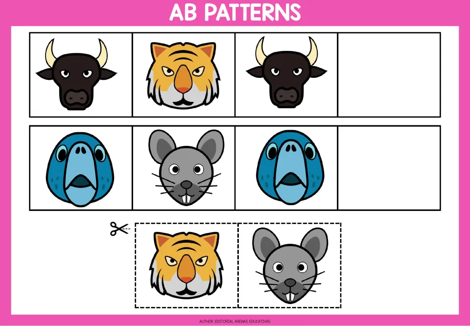 AB pattern practice: students complete bull-tiger and parrot-mouse rows, cutting out tiger and mouse faces to glue