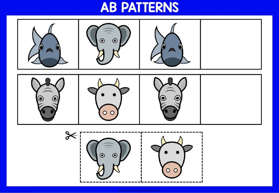Animal-face AB patterns: students extend fish-elephant and zebra-cow rows by cutting out the elephant and cow pieces