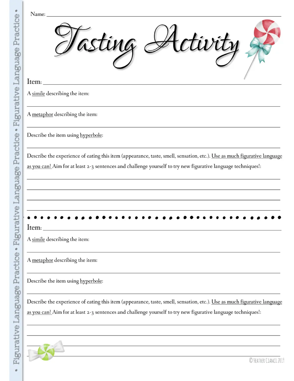Tasting activity worksheet for two treats: simile, metaphor, hyperbole, and sensory description prompts.