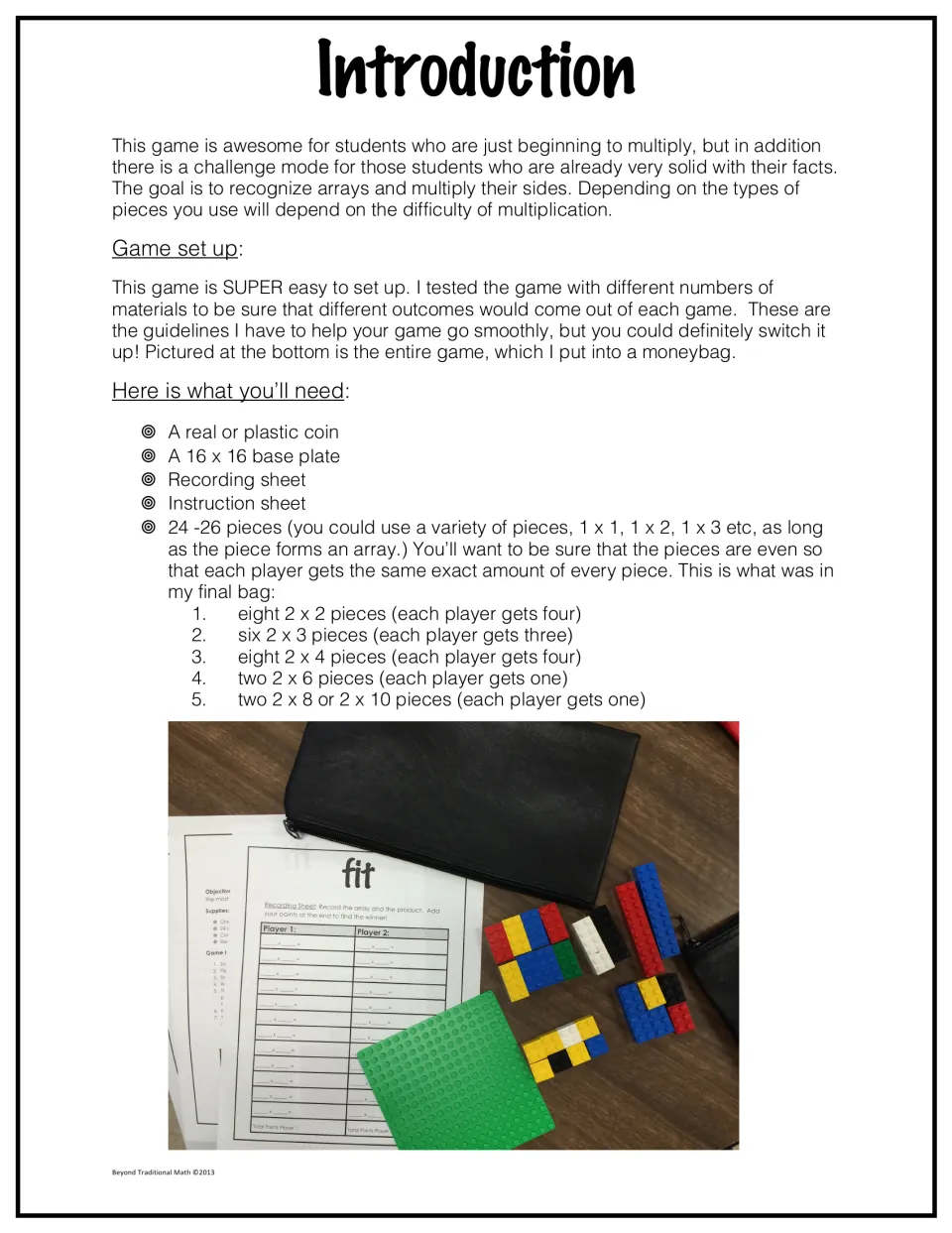 Game setup: supply list of a coin, 16 x 16 base plate, sheets and 24-26 brick pieces, plus a photo of the kit