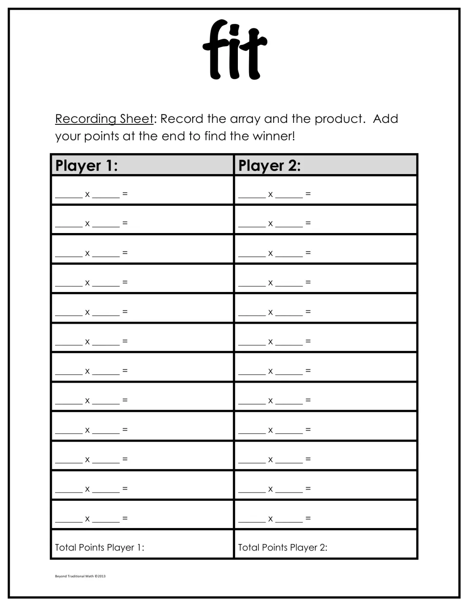 Recording sheet: two players write each brick array as a multiplication fact with its product, then total points
