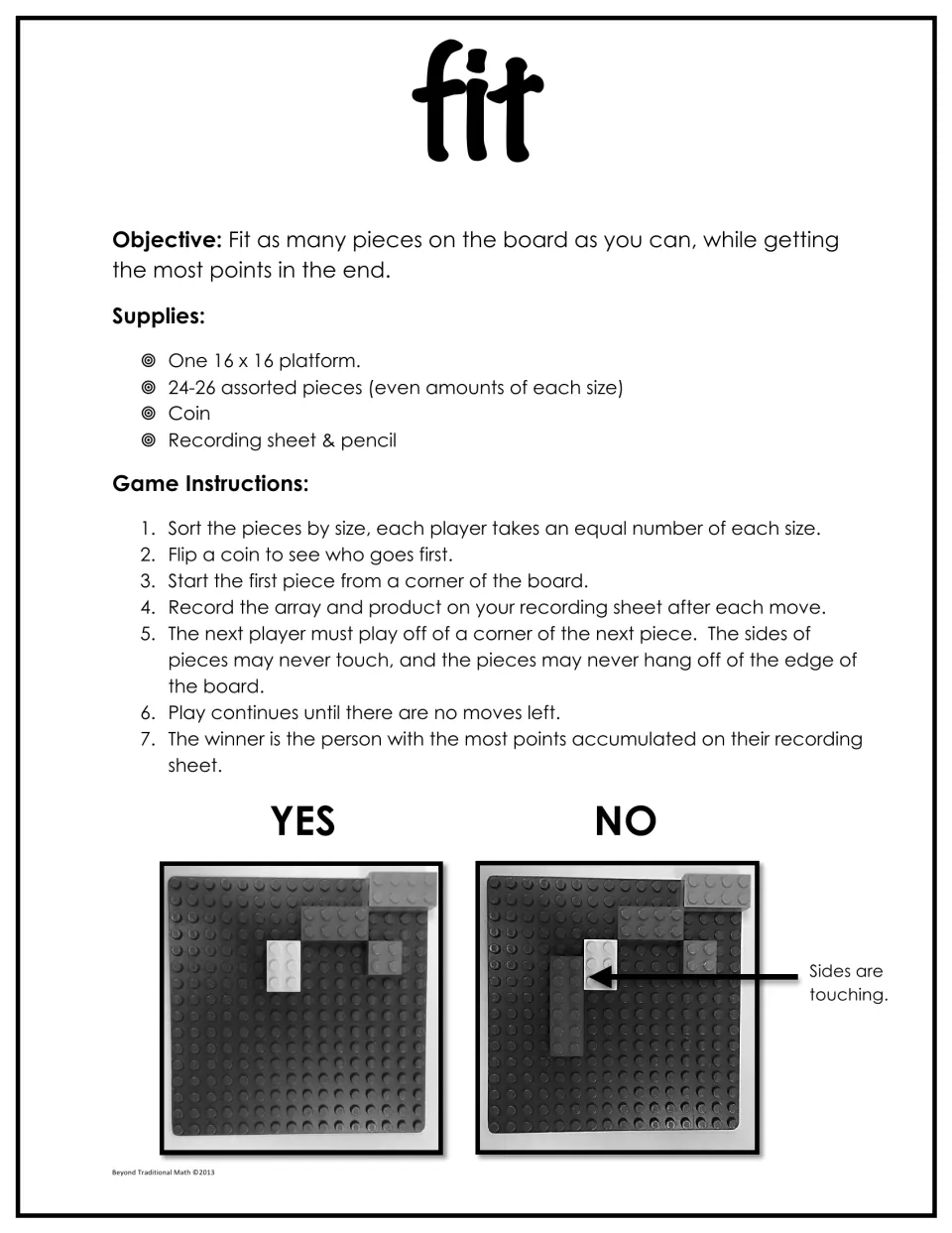 Game rules: players fit brick arrays corner to corner on the board and record each product, with yes/no examples