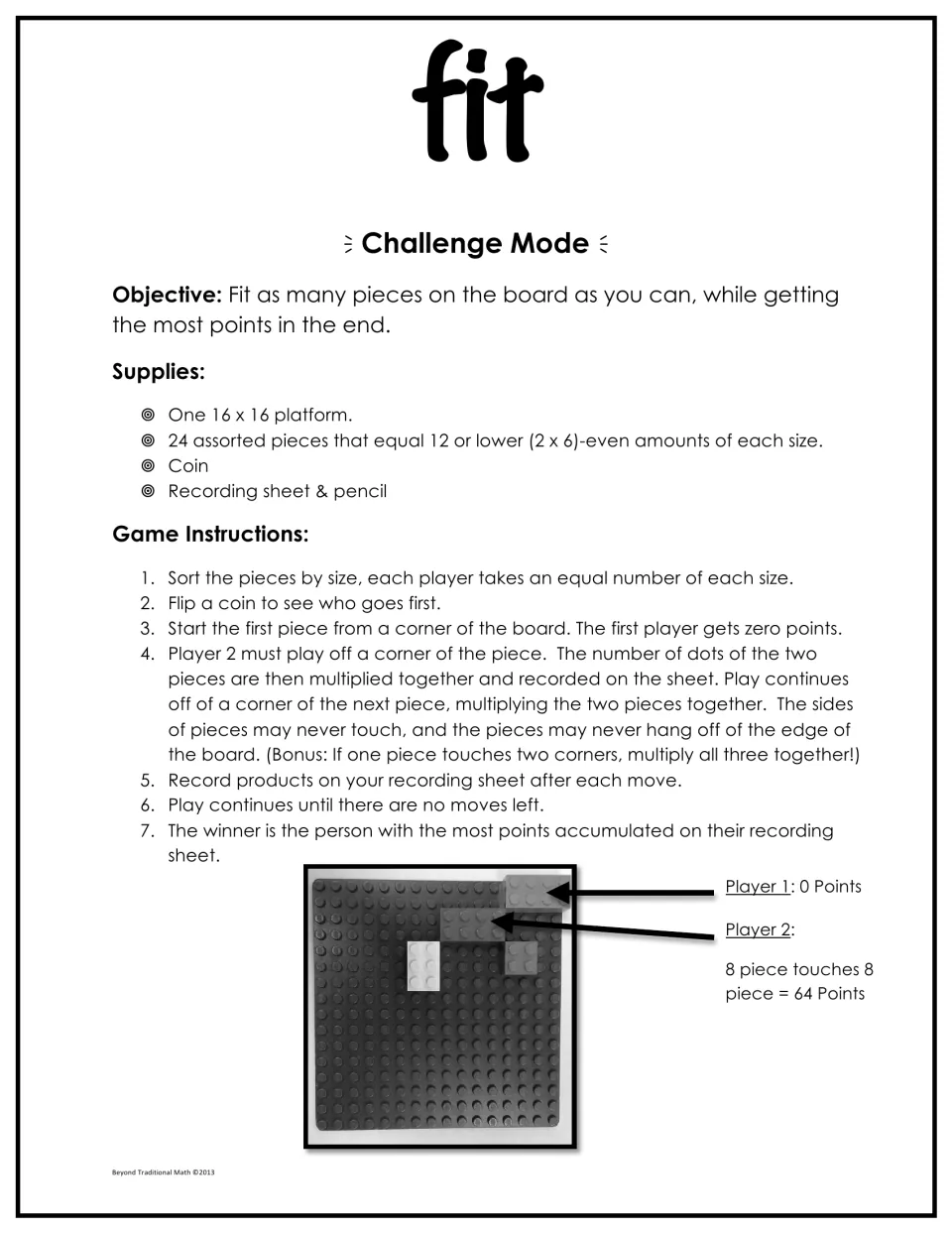 Challenge mode rules: players multiply the dots of two corner-touching pieces, such as 8 x 8 = 64 points
