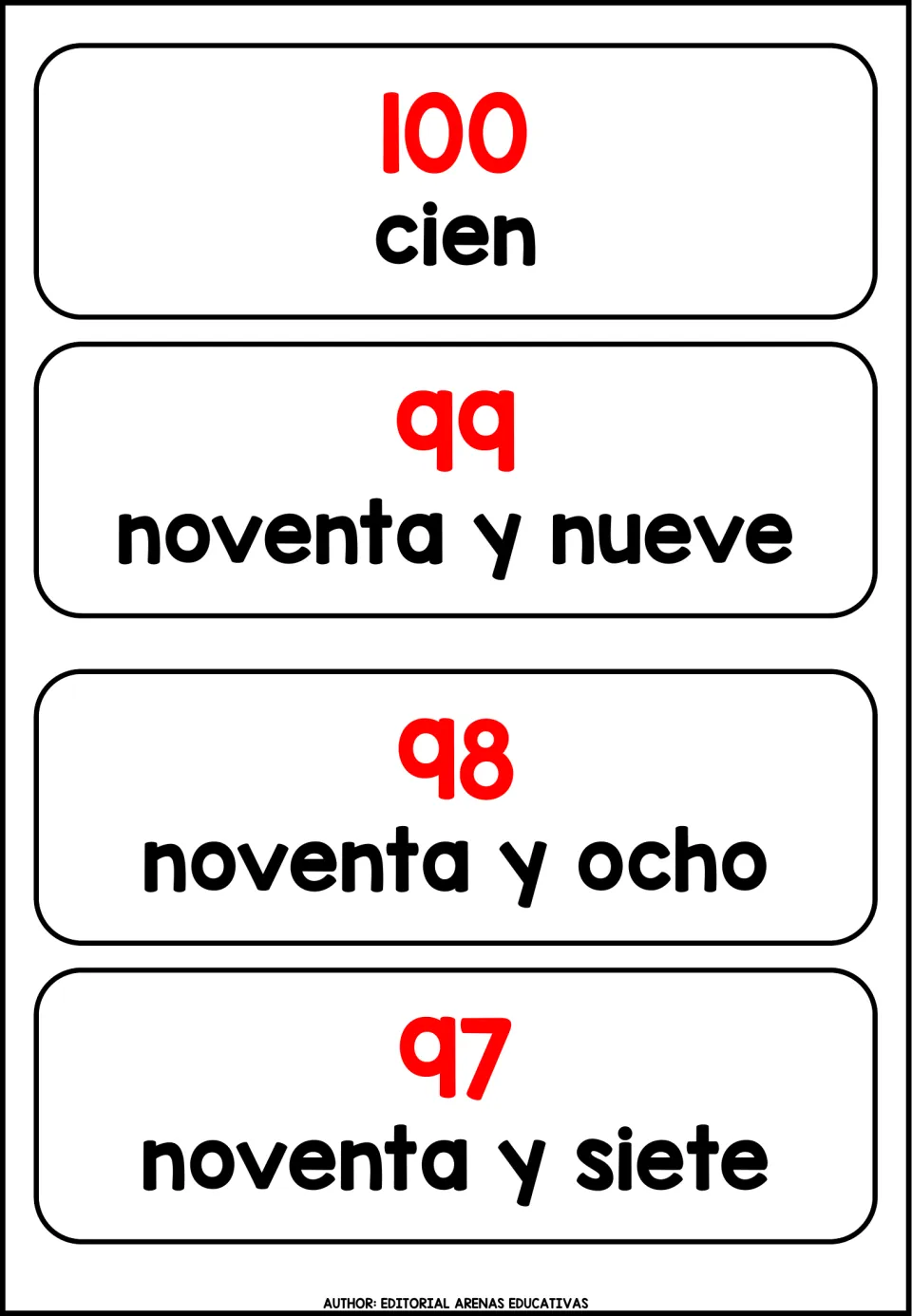 Spanish number cards from 100 down to 97: red numerals with cien, noventa y nueve, noventa y ocho, noventa y siete