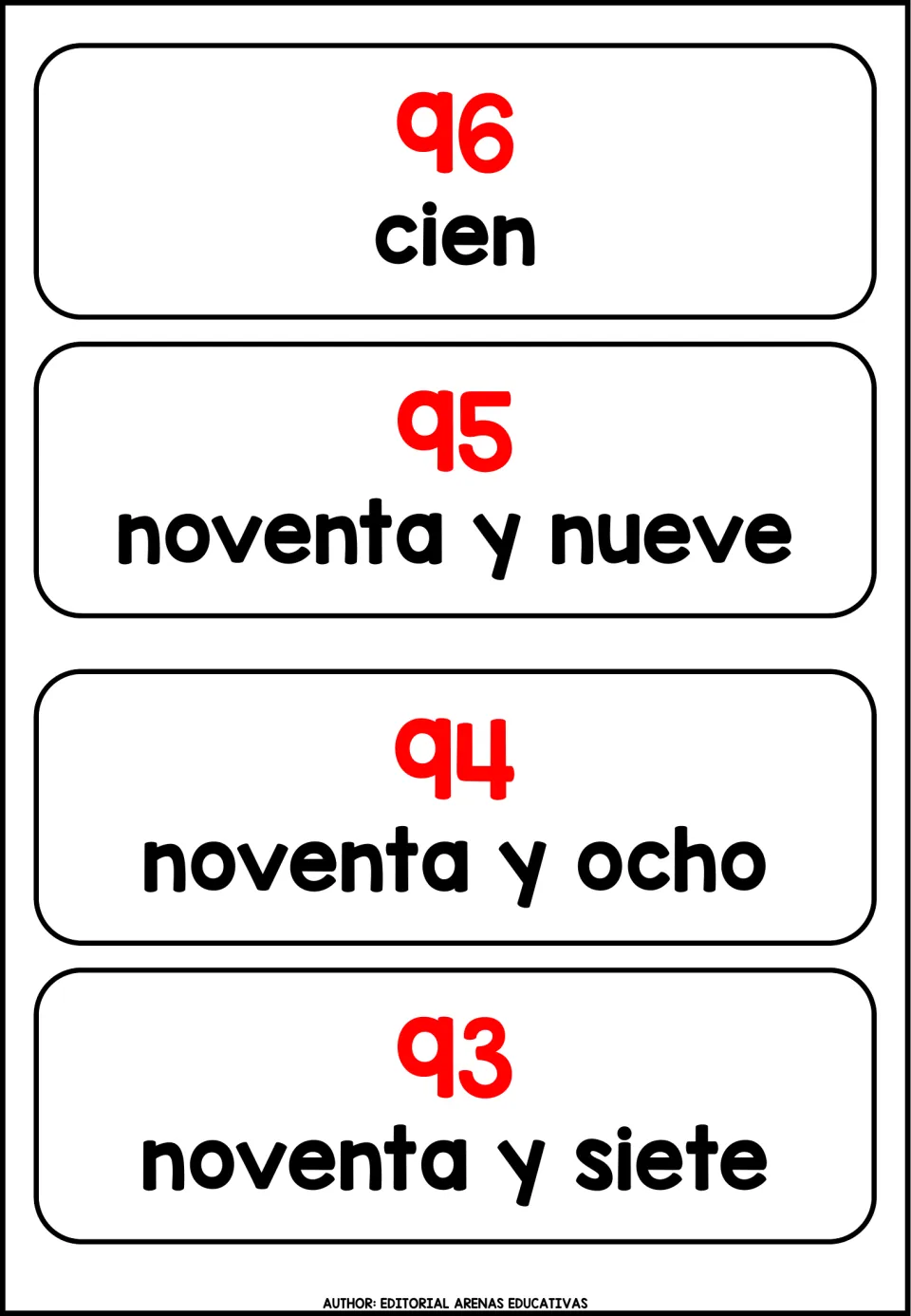 Spanish number cards for 96, 95, 94 and 93, each red numeral shown above a Spanish number word to match to it