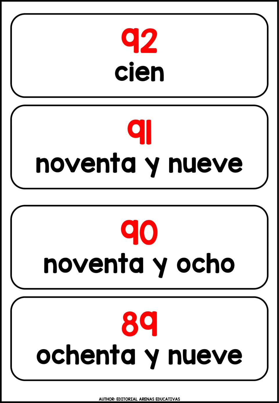 Spanish number cards for 92, 91, 90 and 89, each red numeral shown above a Spanish number word to match to it