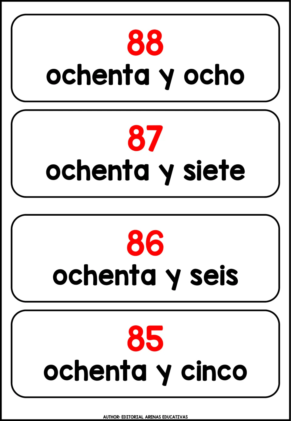 Spanish number cards from 88 down to 85: ochenta y ocho, ochenta y siete, ochenta y seis, ochenta y cinco