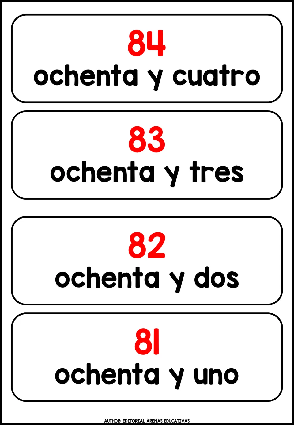 Spanish number cards from 84 down to 81: ochenta y cuatro, ochenta y tres, ochenta y dos, ochenta y uno
