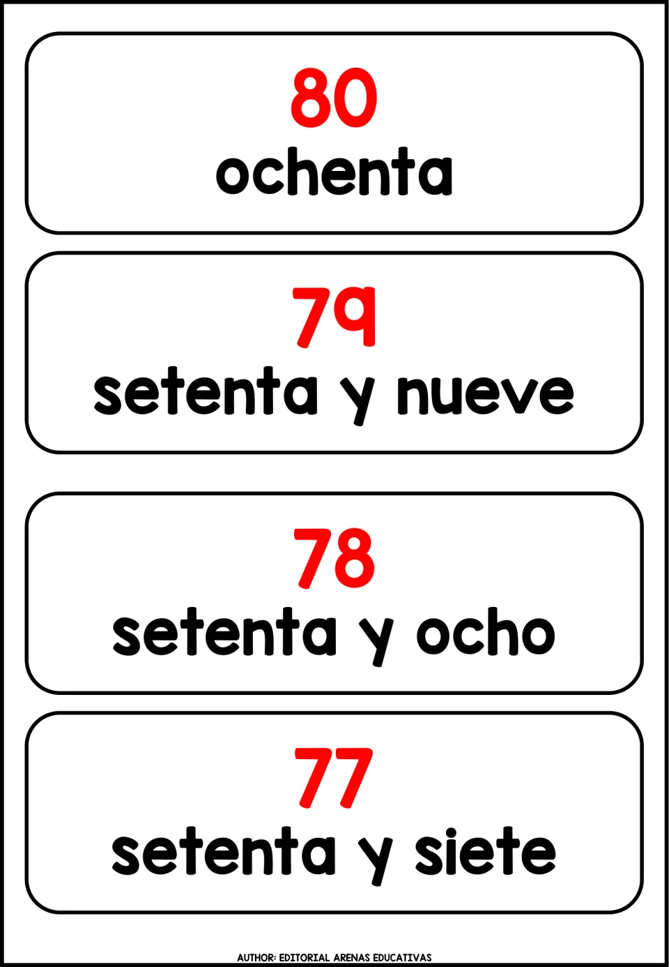 Spanish number cards for 80, 79, 78 and 77: ochenta, setenta y nueve, setenta y ocho and setenta y siete