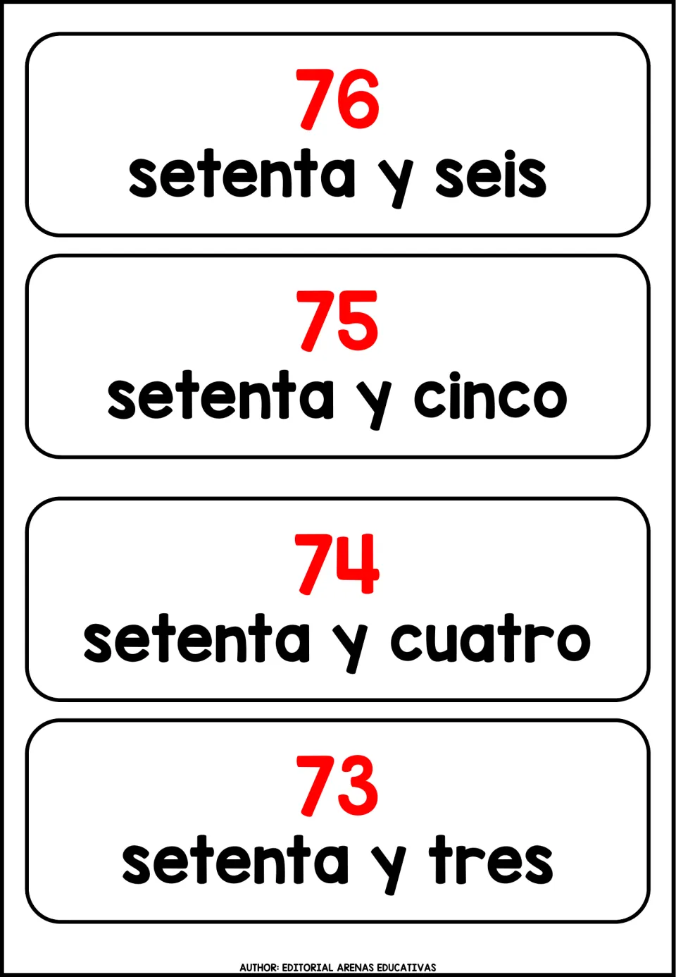 Spanish number cards from 76 down to 73: setenta y seis, setenta y cinco, setenta y cuatro, setenta y tres