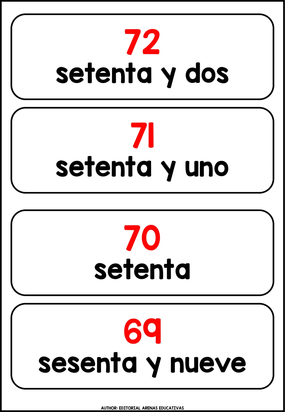Spanish number cards for 72, 71, 70 and 69: setenta y dos, setenta y uno, setenta, sesenta y nueve