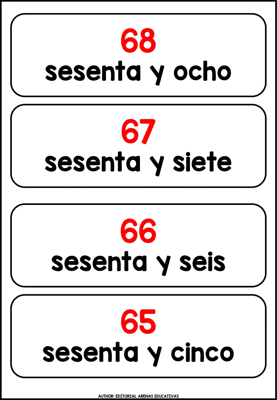 Spanish number cards from 68 down to 65: sesenta y ocho, sesenta y siete, sesenta y seis, sesenta y cinco
