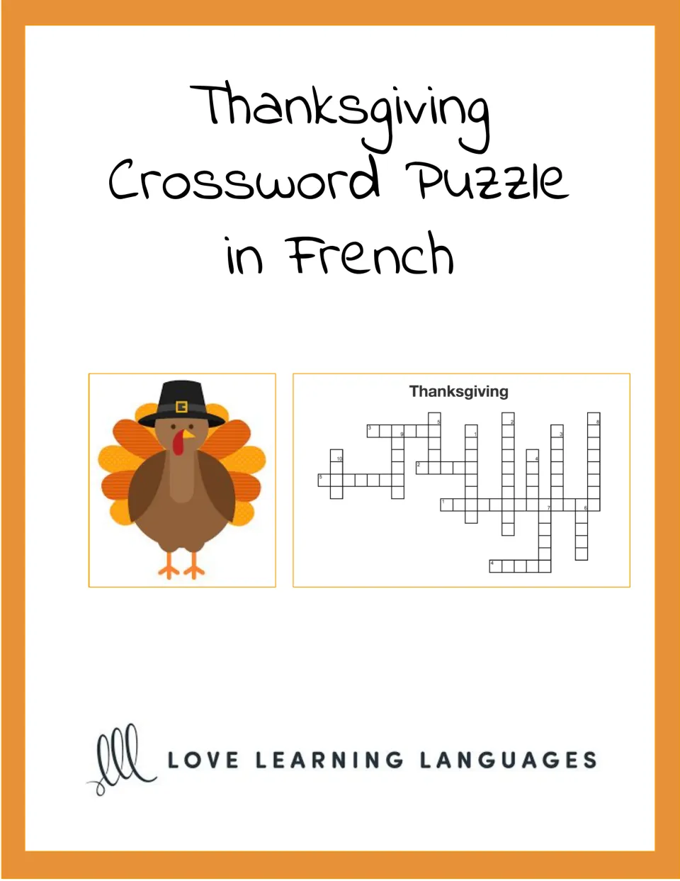 Cover: Thanksgiving crossword puzzle in French from Love Learning Languages, showing a turkey and a puzzle preview
