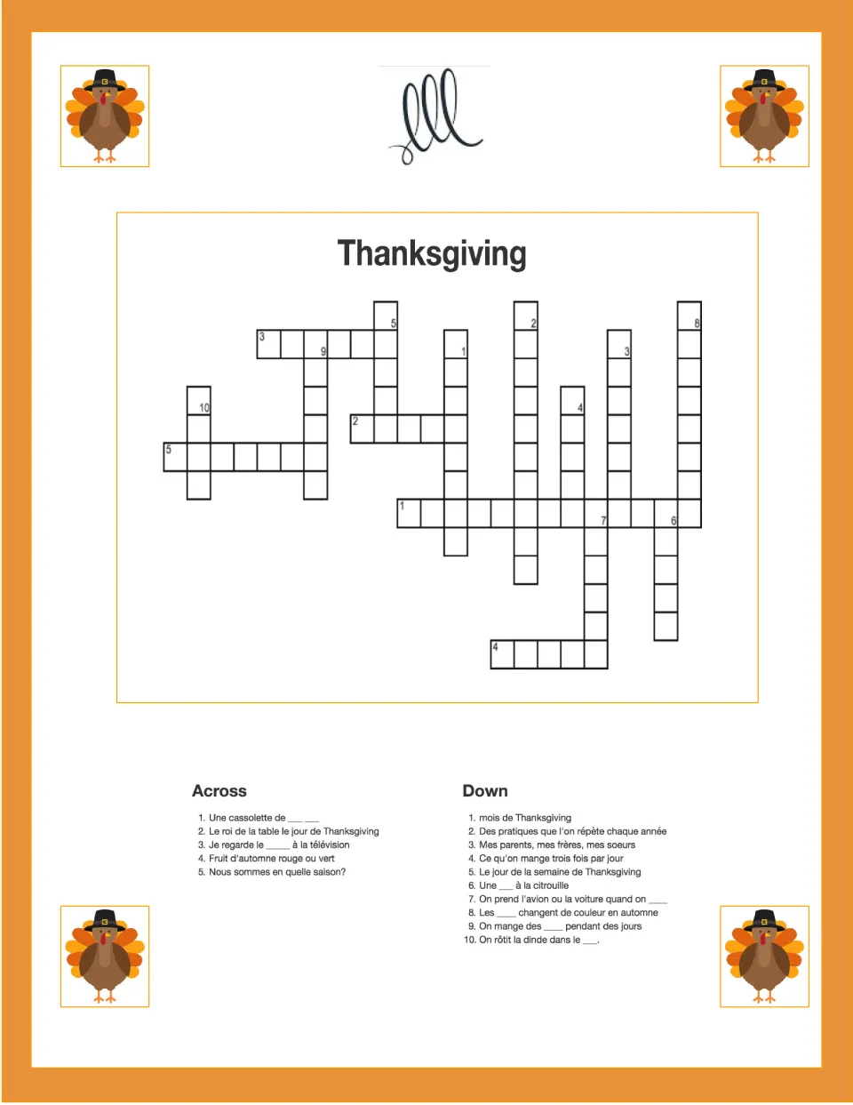 Thanksgiving vocabulary in French: students solve 5 across and 10 down clues on the holiday month, turkey and pumpkin pie
