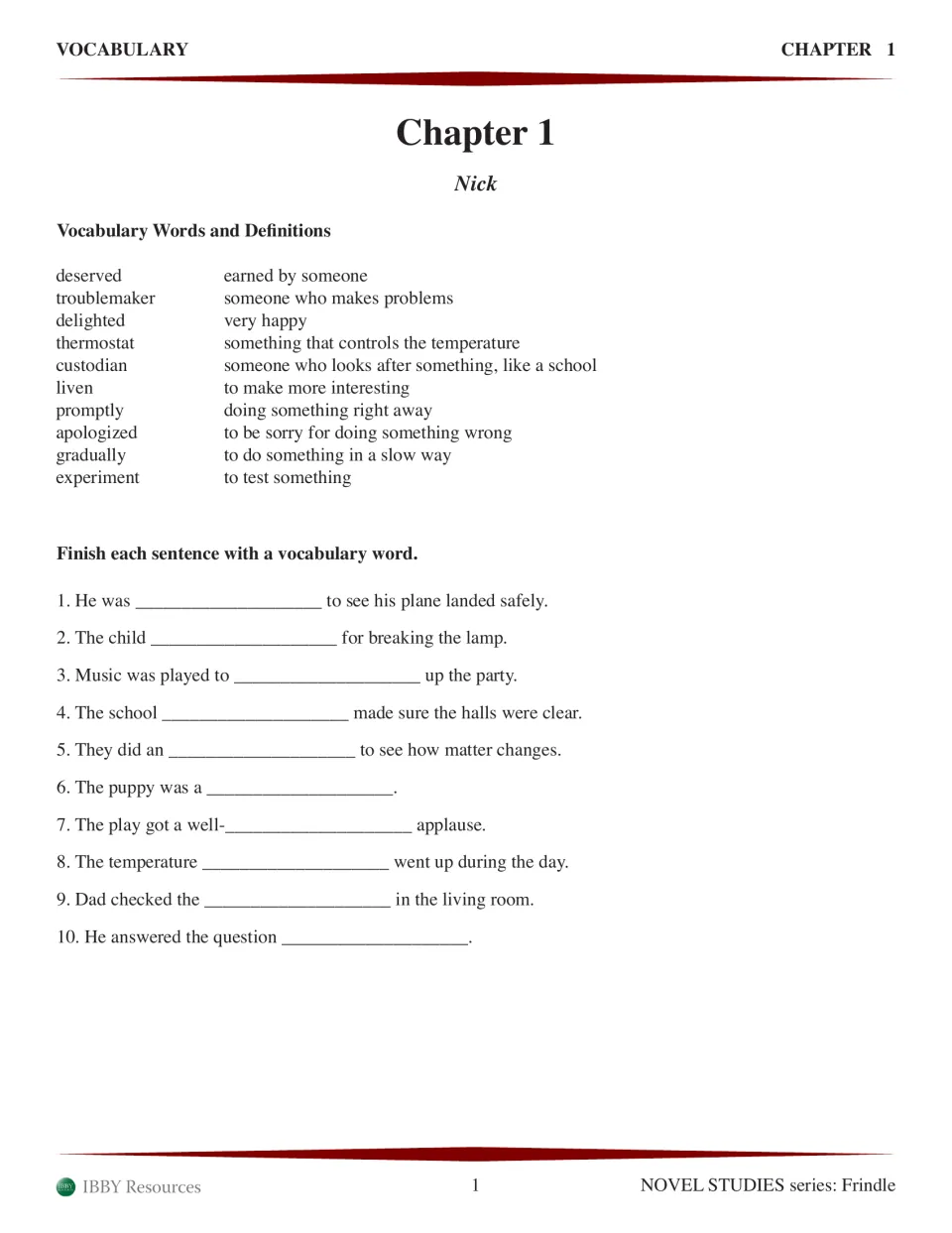 Frindle Chapter 1 vocabulary: students use 10 defined words such as custodian and thermostat to complete sentences