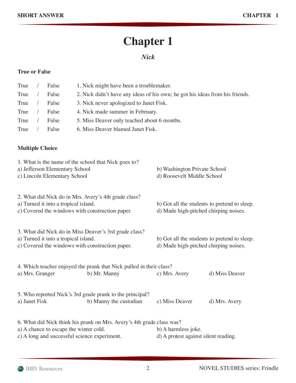 Recall quiz on Nick: six true-or-false statements plus multiple-choice questions about his pranks
