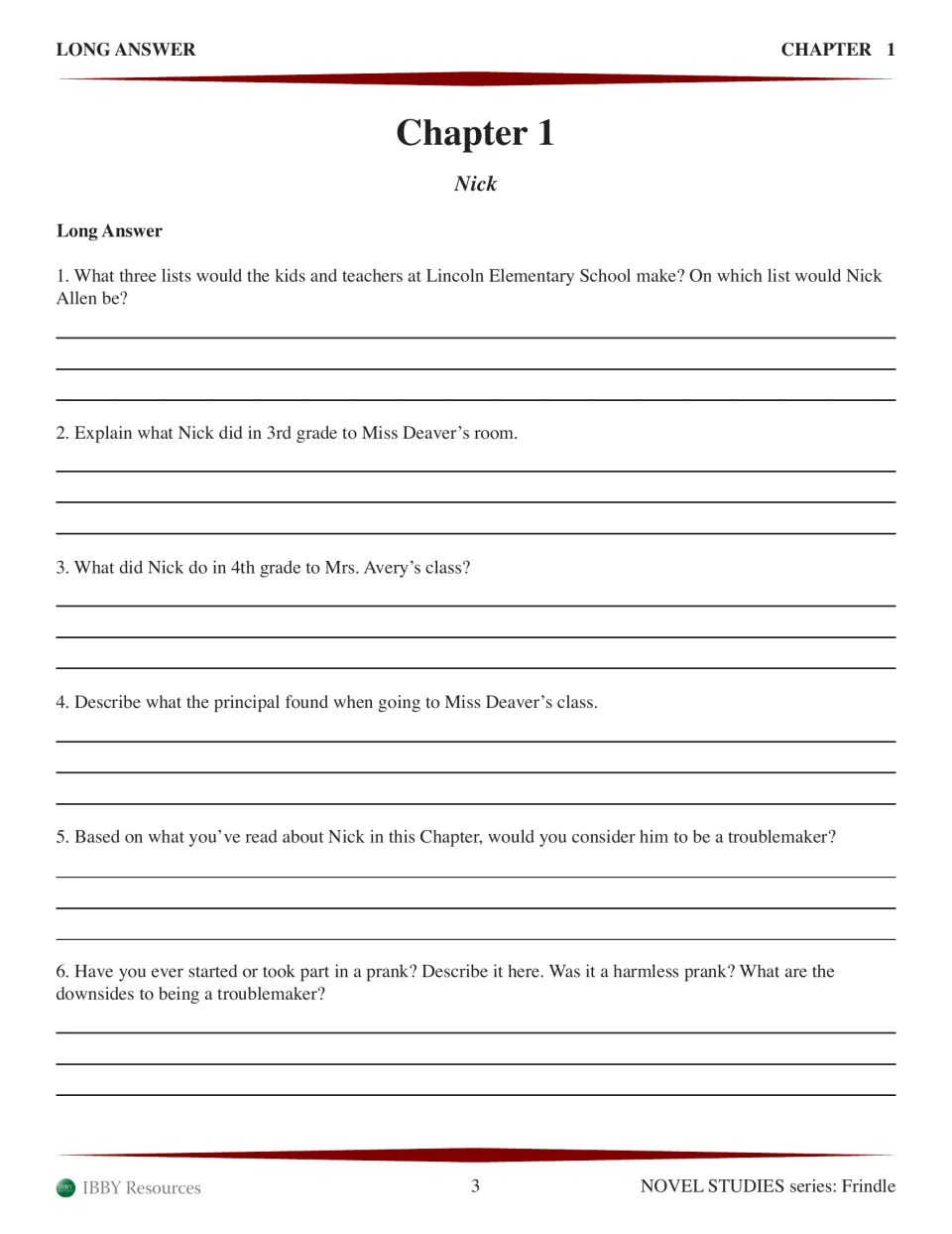 Written response on Nick: students explain his classroom pranks and judge whether he is a troublemaker
