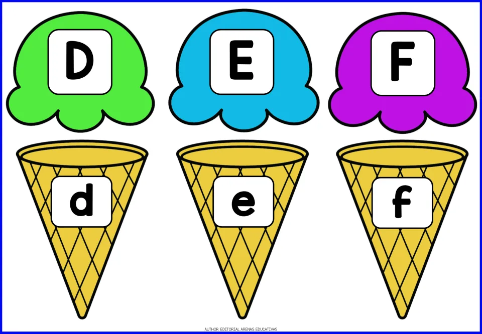 Alphabet game pieces for D–F: uppercase D, E, F on ice cream scoops and lowercase d, e, f on cones.