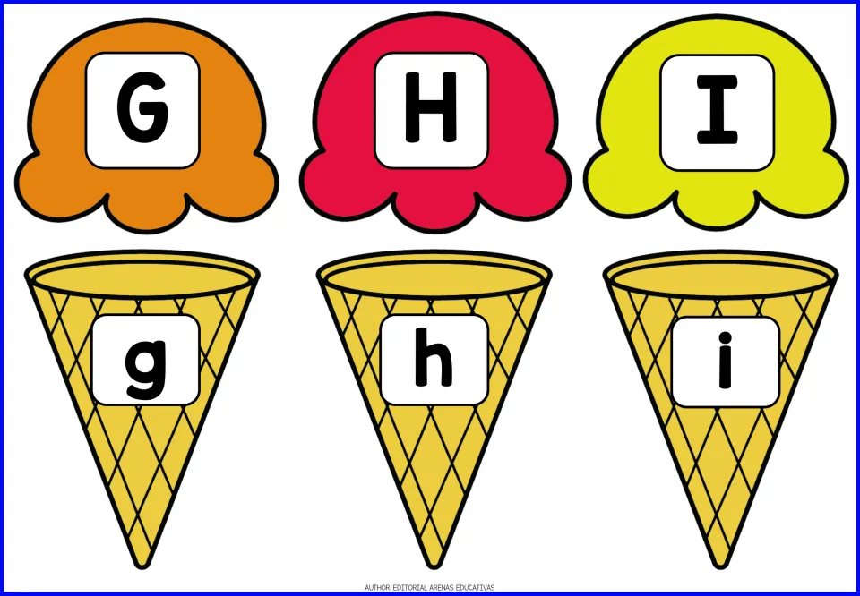 Alphabet game pieces for G–I: uppercase G, H, I on ice cream scoops and lowercase g, h, i on cones.