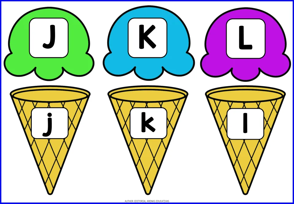 Alphabet game pieces for J–L: uppercase J, K, L on ice cream scoops and lowercase j, k, l on cones.