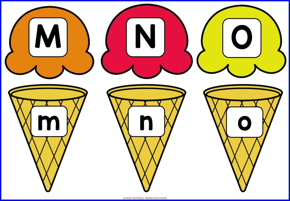 Alphabet game pieces for M–O: uppercase M, N, O on ice cream scoops and lowercase m, n, o on cones.
