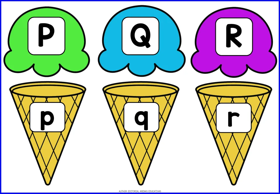 Alphabet game pieces for P–R: uppercase P, Q, R on ice cream scoops and lowercase p, q, r on cones.