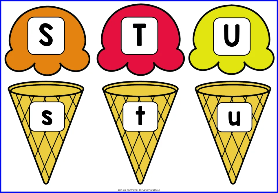 Alphabet game pieces for S–U: uppercase S, T, U on ice cream scoops and lowercase s, t, u on cones.