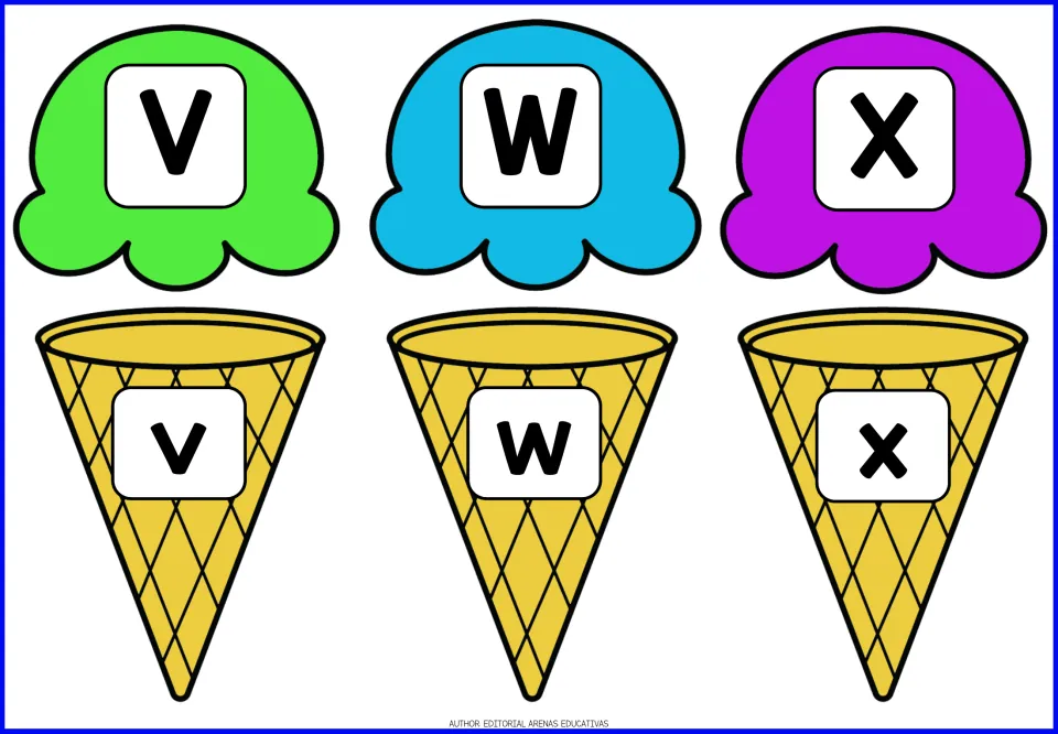 Alphabet game pieces for V–X: uppercase V, W, X on ice cream scoops and lowercase v, w, x on cones.