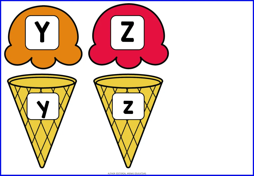Alphabet game pieces for Y–Z: uppercase Y and Z on ice cream scoops and lowercase y and z on cones.