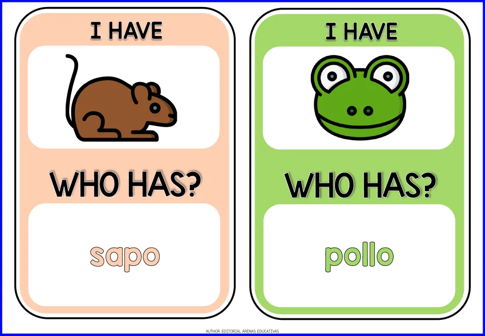 Animal game cards 1–2: mouse and frog pictures under 'I Have'; 'Who Has?' prompts sapo (toad) and pollo (chicken)