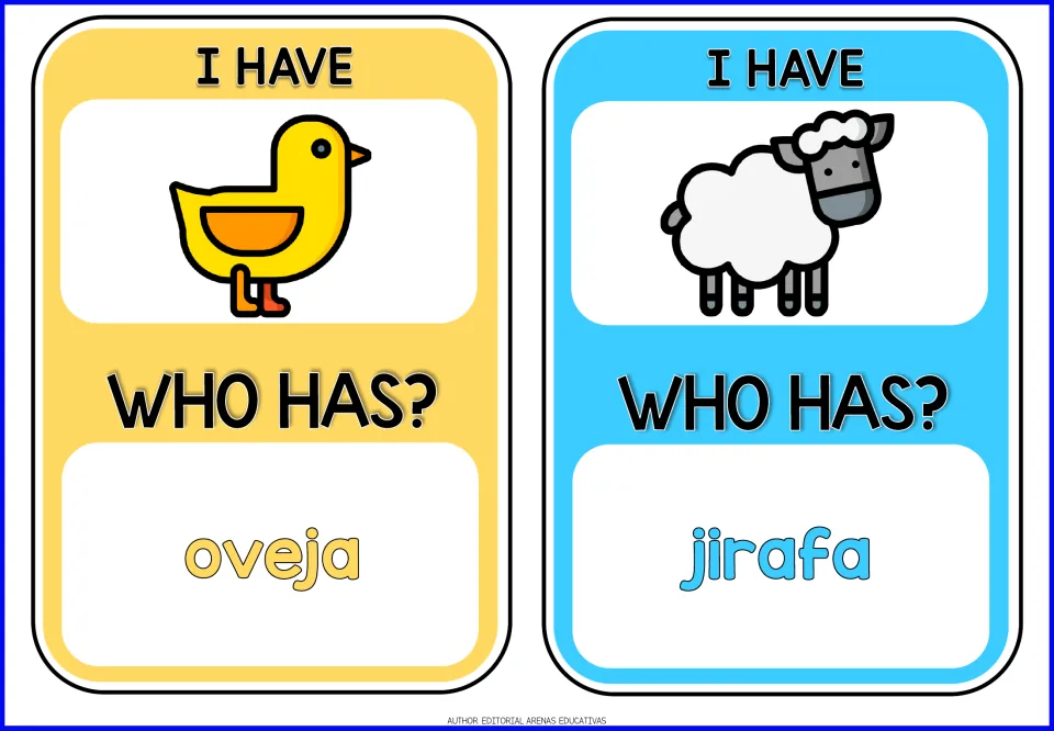 Animal game cards 3–4: chick and sheep pictures; 'Who Has?' prompts oveja (sheep) and jirafa (giraffe)