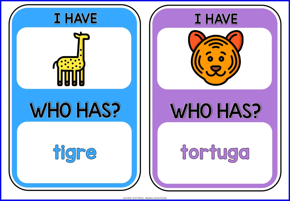 Animal game cards 5–6: giraffe and tiger pictures; 'Who Has?' prompts tigre (tiger) and tortuga (turtle)