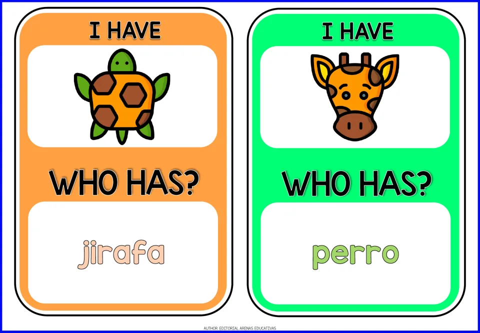 Animal game cards 7–8: turtle and giraffe pictures; 'Who Has?' prompts jirafa (giraffe) and perro (dog)
