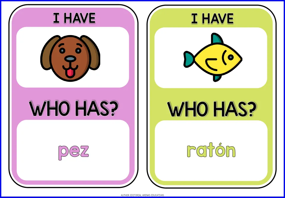 Animal game cards 9–10: dog and fish pictures; 'Who Has?' prompts pez (fish) and ratón (mouse)