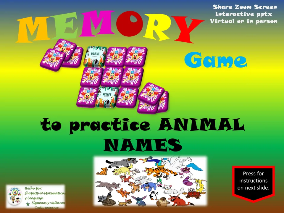 Cover of the animal names memory game PowerPoint, labeled for Zoom screen sharing or in-person play