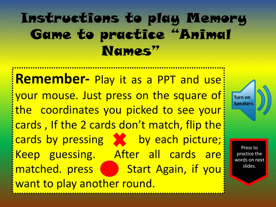 Memory game instructions: click to reveal cards, close unmatched pairs, and start again after matching