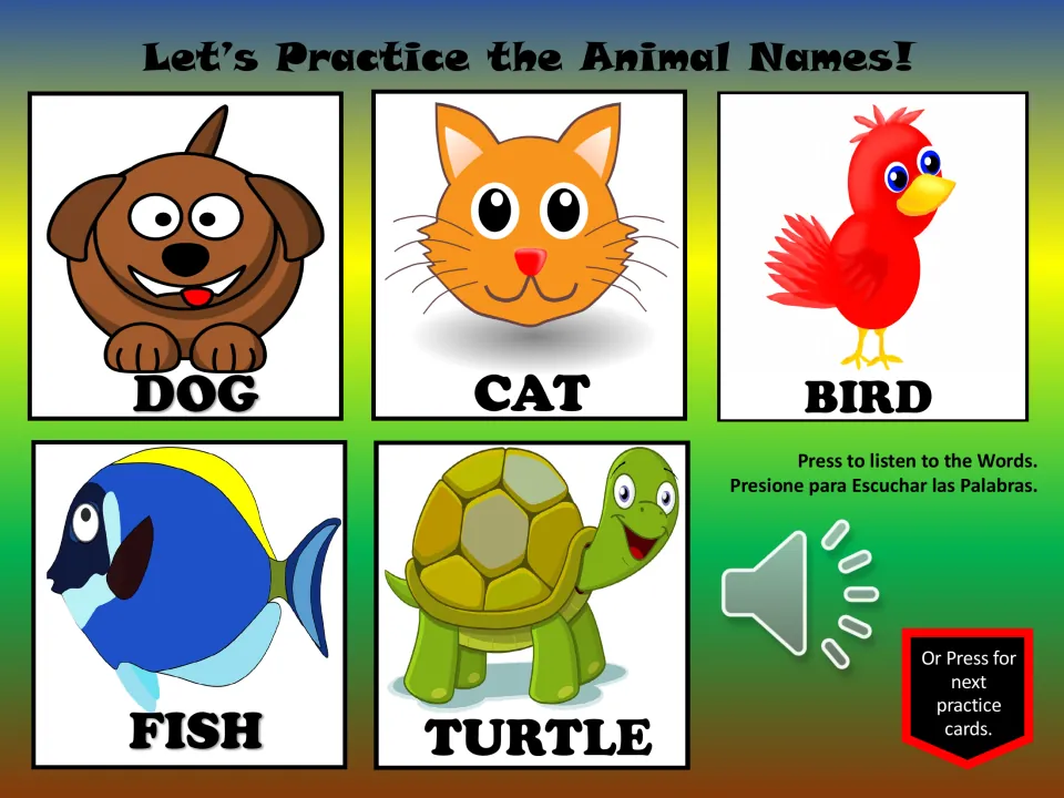 Animal vocabulary practice slide 1: dog, cat, bird, fish, and turtle, with pictures and a listening button