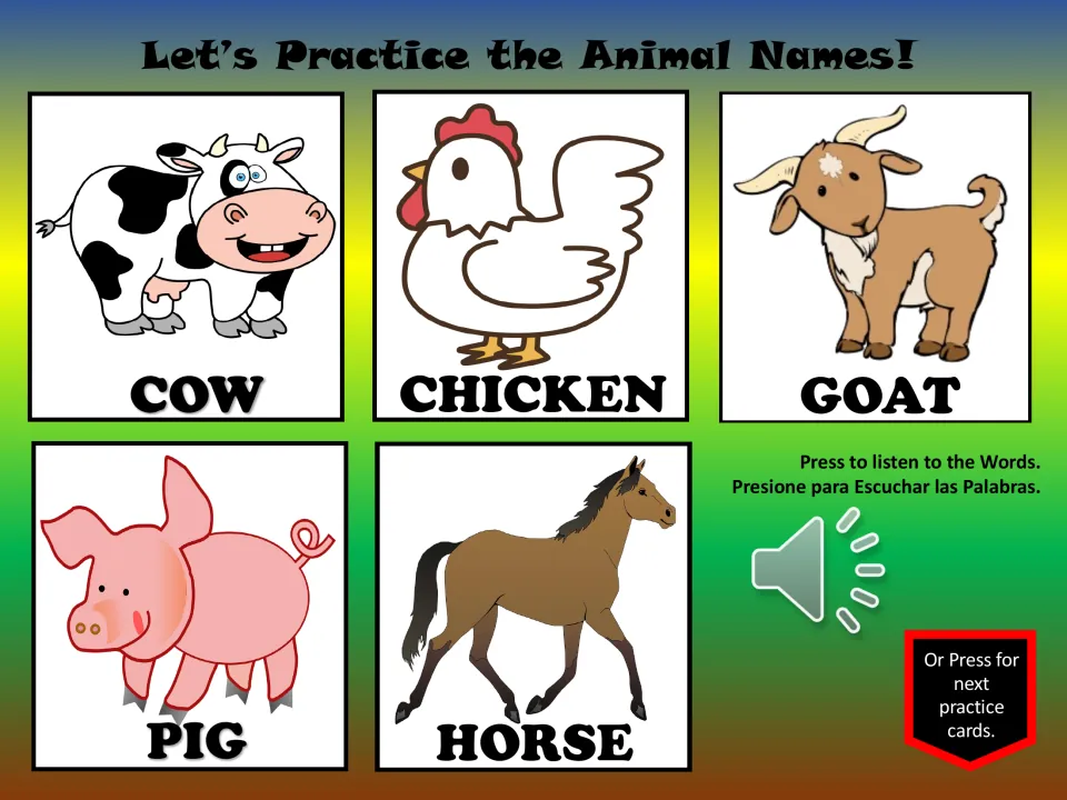 Animal vocabulary practice slide 2: cow, chicken, goat, pig, and horse, with pictures and a listening button