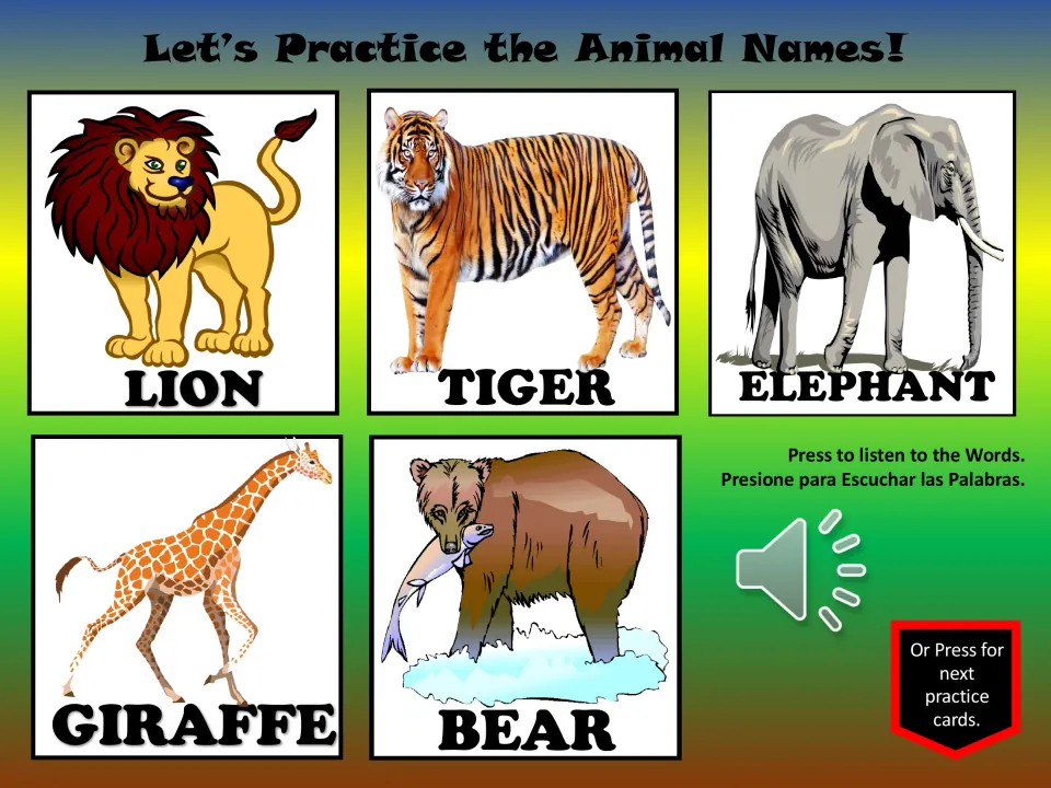 Animal vocabulary practice slide 3: lion, tiger, elephant, giraffe, and bear, with pictures and a listening button