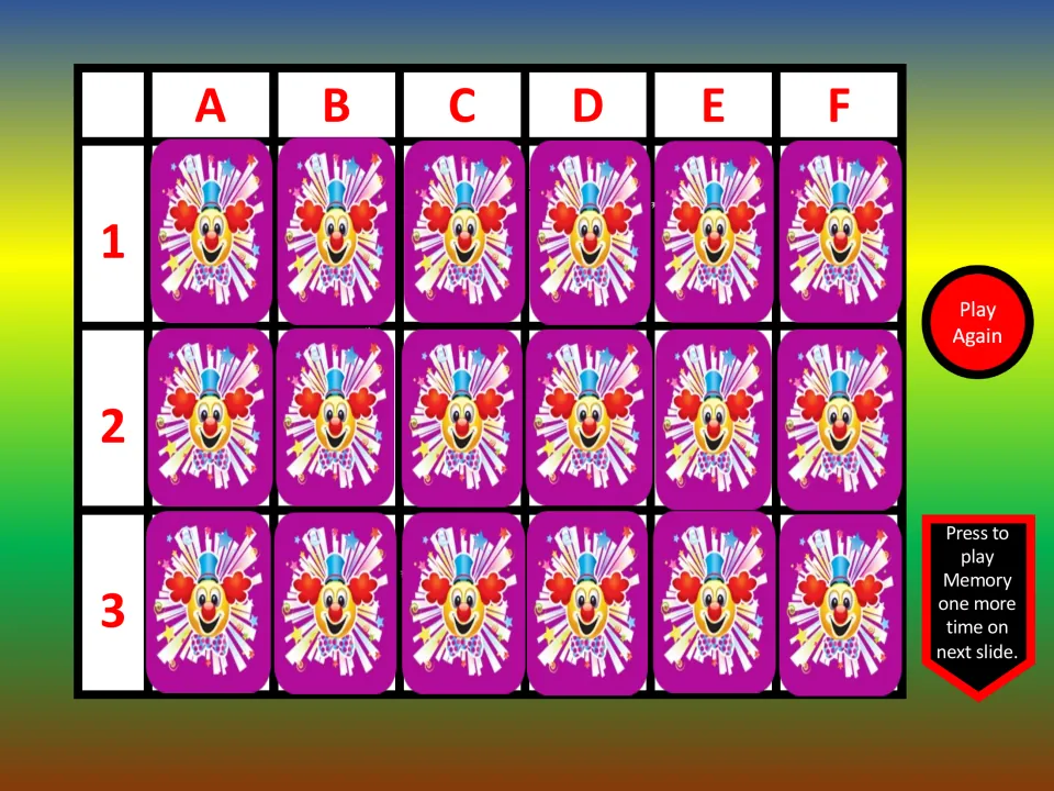 Memory game slide with 18 face-down cards selected by letters A–F and numbers 1–3, plus Play Again