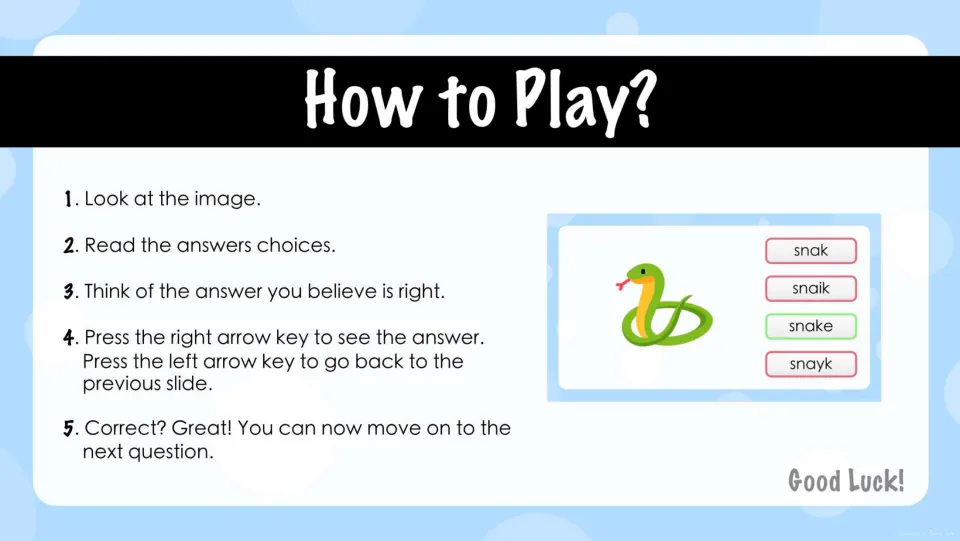 How to Play directions: students look at the picture, read four spellings, choose one, then press the right arrow to check