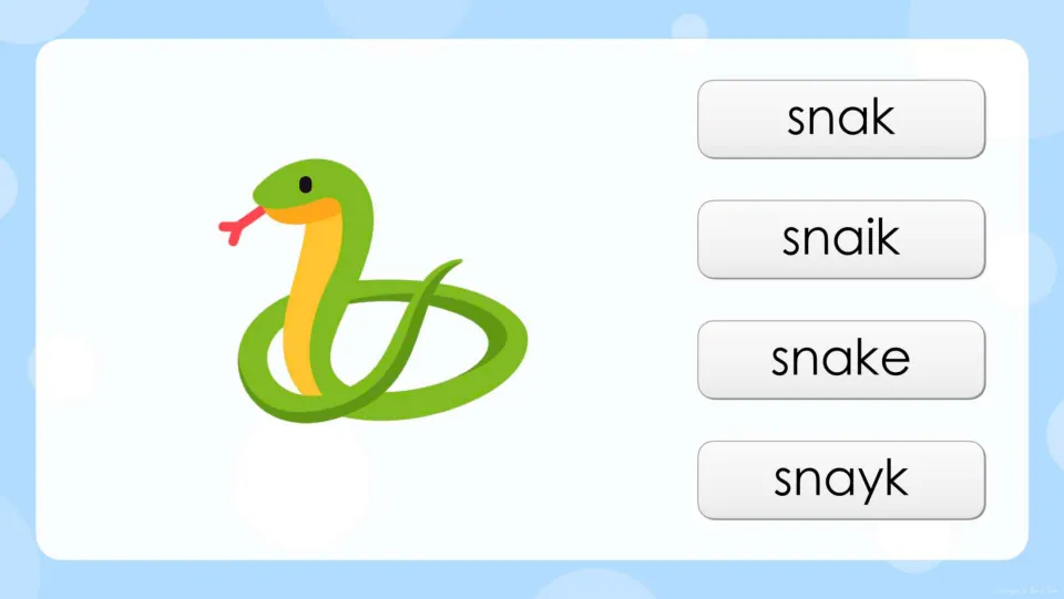 Long a spelling question: students look at a snake picture and pick the correct word from snak, snaik, snake and snayk