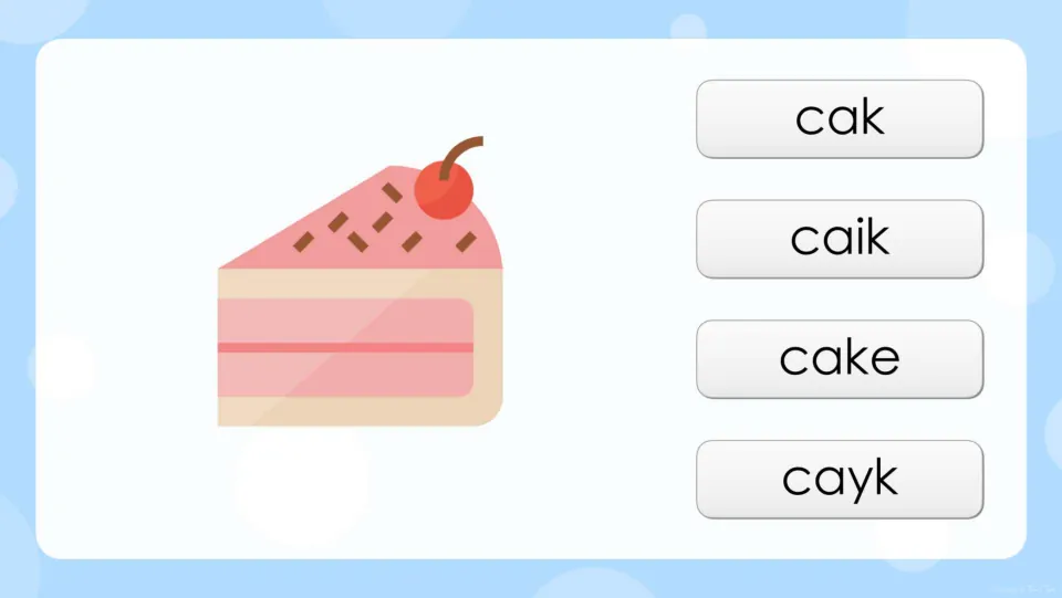 Long a spelling question: students look at a slice of cake and choose the correct word from cak, caik, cake and cayk