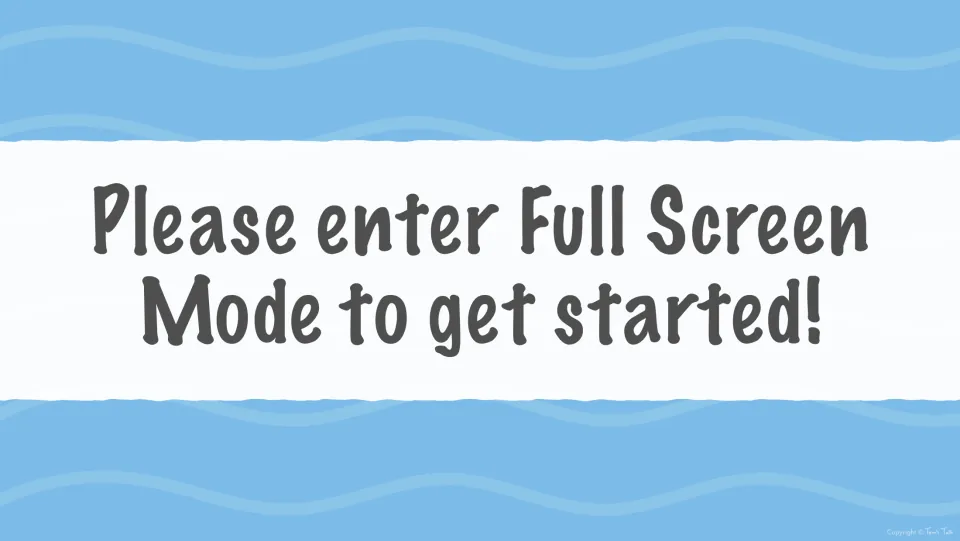 Digital flashcard directions tell users, 'Please enter Full Screen Mode to get started!' before viewing cards