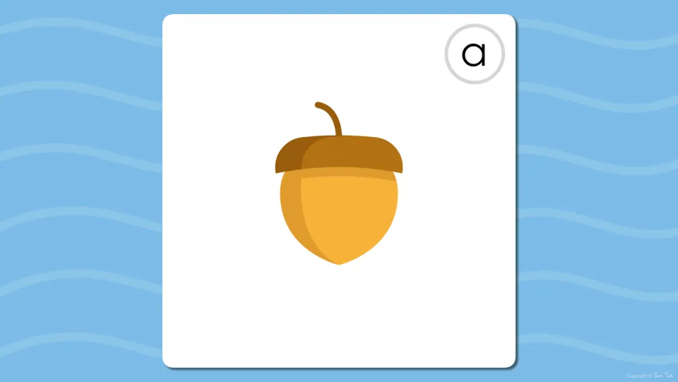Long A digital flashcard showing an acorn and the letter a, before the word is revealed on the next page