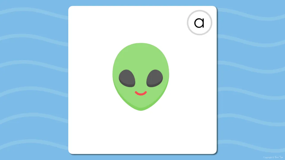 Long A digital flashcard showing an alien and the letter a, before the word is revealed on the next page