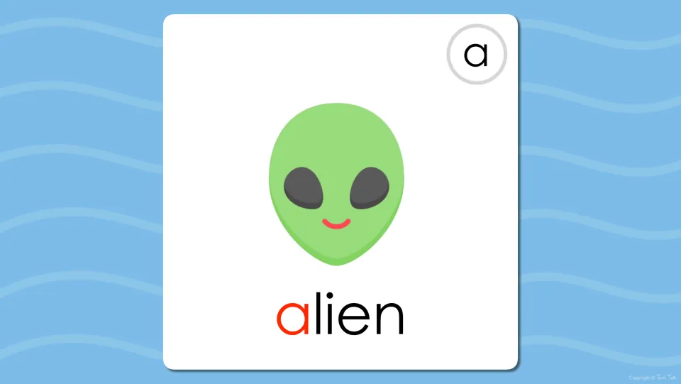 Long A digital flashcard revealing the word 'alien' beneath its picture, with the initial a colored red