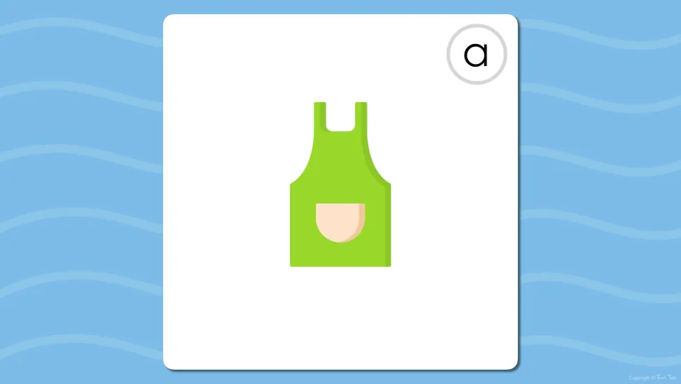 Long A digital flashcard showing an apron and the letter a, before the word is revealed on the next page